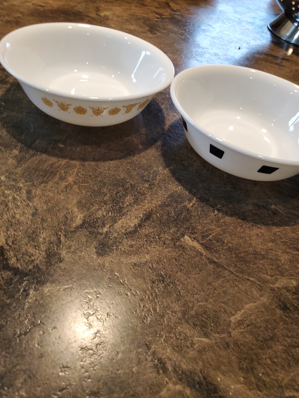 Corelle White Serving Bowls with Gold Floral Band and Black Square Accents
